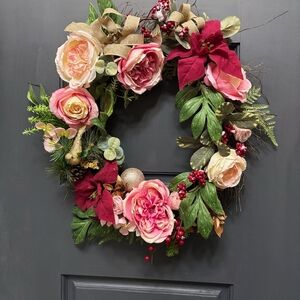 Beautiful Floral Rose Wreath Holiday Christmas Home Decor Handmade